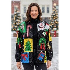 VINTAGE MODI DENIM Sequin Christmas Holiday Ugly Sweater Jacket L 10/12 80s 90s